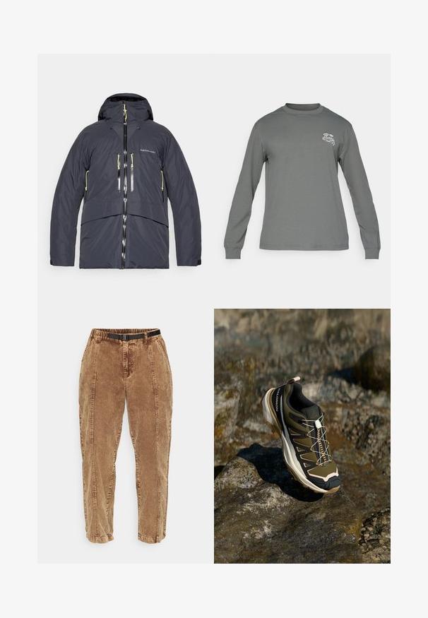 Męska ocieplana kurtka w ciemnoszarym kolorze, z kapturem, podwójnymi kieszeniami na suwak oraz kontrastującymi żółtymi akcentami na zamkach i sznurkach. ; Koszula z długim rękawem w szarym kolorze, z okrągłym dekoltem i białym logo graficznym na lewej piersi. Gładka tekstura i prosty design.; Brązowe spodnie kordowe z teksturowaną powierzchnią, wyposażone w czarny regulowany pasek, boczne kieszenie i luźny krój. Spodnie zwężają się w kierunku kostek.; Buty trekkingowe w oliwkowym zielonym i czarnym kolorze z różowymi akcentami. Posiadają teksturowaną górę, elastyczną podeszwę, wzmocniony czubek oraz kolorowy system sznurowania.