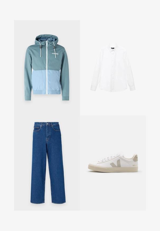 Jack & Jones JJERUSH HOOD - Jakna za prosti čas - blau; Bela dolga majica s kratkimi rokavi z ovratnikom na gumb, sprednjimi gumbi, ravnim robom in mehkimi bombažnimi materiali. Minimalističen dizajn brez vzorcev.; Široke modre jeans hlače iz denima, z visokim pasom, zasnovo petih žepov in kontrastnim šivanjem ob šivih in žepih.; Beli usnjeni copat z bež akcenti, raven gumijast podplat, okrogla konica in kontrastni logotip na strani in zadaj. Zavezovan dizajn.