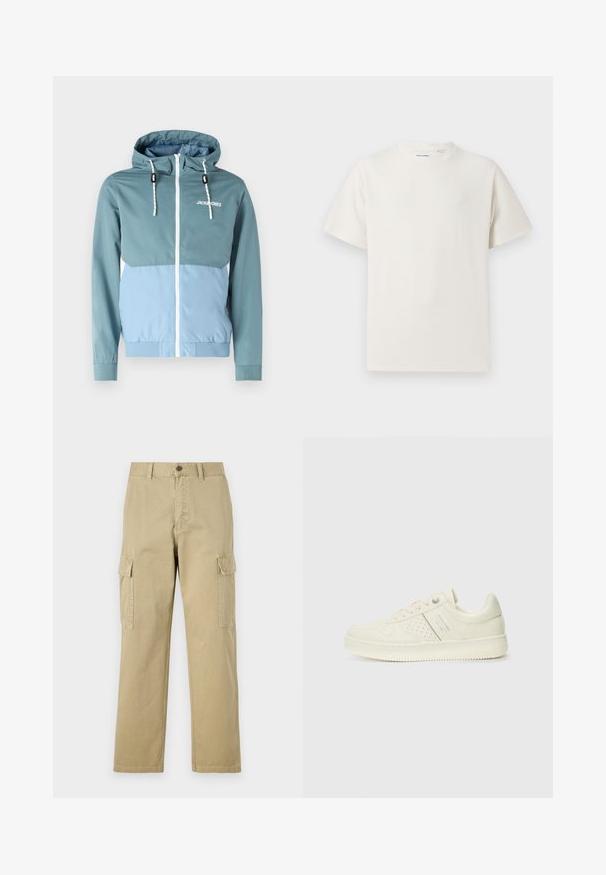Jack & Jones JJERUSH HOOD - Szabadtéri dzseki - blau; Fehér, rövid ujjú póló bordázott textúrával. Kerek nyakkivágás, laza szabás, nincs látható minta vagy díszítés. Egyszerű és sokoldalú dizájn.; Beige vászon cargo nadrág, két oldalsó zsebbel, gombos záródással, egyenes lábakkal és enyhén texturált anyagból készült.; Krém színű sneaker perforált részletekkel, fűzőkkel és logóval az oldalán, egy sima fehér háttér előtt kiállítva.