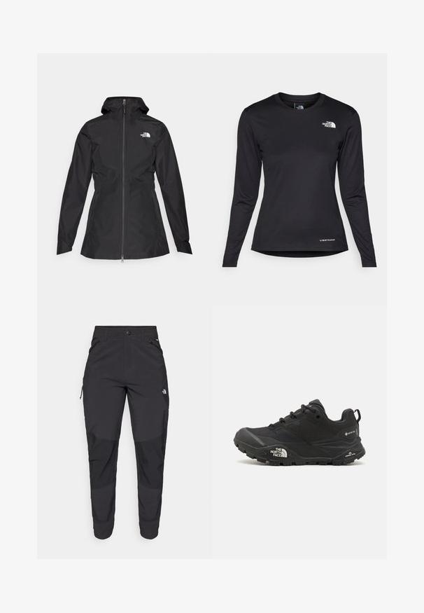 Črna vodoodporna jakna z zadrgo spredaj, nastavljivo kapuco in oprijetim pasom. Ima majhen bel logotip na prsih.; The North Face SHADOW LONG SLEEVE - Majica z dolgimi rokavi - black; Črne zunanje hlače iz trpežnega materiala. Imajo žepke na zadrgo, ojačane kolenske dele in ravno krojeno zasnovo za prosto gibanje.; Črne pohodne čevlje z teksturirano zgornjim delom, vezalnim zapiranjem in masivnim gumijastim podplatom, ki ima opazen logotip na strani in vzorce profila.