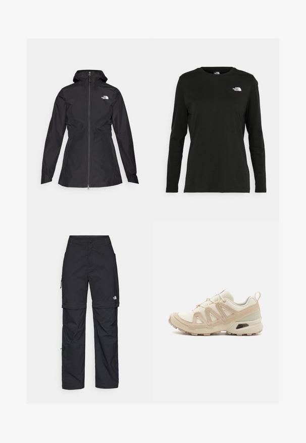 Black waterproof jacket with a front zipper, adjustable hood, and a fitted waist. Features a small white logo on the chest.; Black long-sleeve t-shirt made of cotton with a round neck. Features a small white logo on the left chest area. Simple design and fit.; Black nylon zip-off cargo trousers with adjustable cuffs, multiple pockets, and a logo on the right leg. Smooth, lightweight texture.; Beige and cream athletic shoe with textured mesh upper, supportive overlays, and rubber outsole featuring a tread pattern for traction.