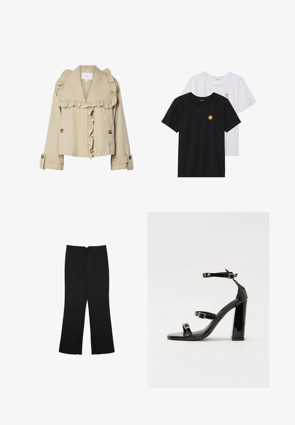 Giacca beige cropped con colletto arricciato e davanti. Presenta chiusure a bottoni e maniche arrotolate, realizzata in un tessuto morbido.; T-shirt in bianco e nero, girocollo, maniche corte. La maglietta nera presenta un ricamo di sole giallo; quella bianca ha un accento di luna crescente viola.; Pantaloni neri a gamba dritta, con tasche frontali e spacchi laterali all'orlo. Realizzati in tessuto morbido e liscio. Adatti a diverse occasioni.; Sandali con tacco in vernice nera, con punta squadrata, cinturini alla caviglia e fibbie in argento. Presentano un tacco a blocco spesso per maggiore stabilità.