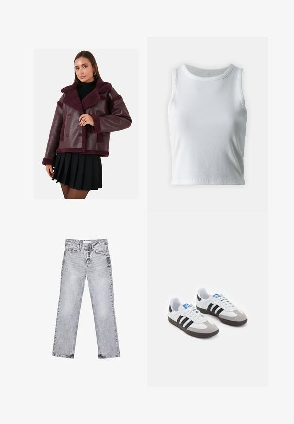 Burgundská koženka s límcem a akcenty z ovčí vlny, dvouřadé zapínání a strukturovaný povrch. V kombinaci s černou plisovanou sukní.; Bílý žebrovaný tílko s kulatým výstřihem a bezramínkovým designem, s rovnými lemy a hladkou, elastickou strukturou.; Šedé džíny z denimu se střihy rovnými nohavicemi, s poškozenou úpravou, pěti kapsami a měděnými nýtky. Pasová část obsahuje logo štítek.; Sportovní boty s bílým koženým svrškem, šedou semišovou špičkou a třemi černými pruhy. Obsahují modré logo na jazyku a texturovanou gumovou podrážku.