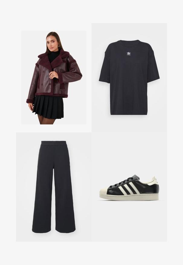 Chaqueta de piel sintética burdeos con cuello de piel de oveja y detalles, diseño de doble botonadura y acabado texturizado. Combinada con una falda negra plisada.; Camiseta de algodón negra con mangas cortas, cuello redondo, presenta un logo blanco de Adidas en el pecho. Diseño simple, ajuste relajado.; Pantalones de chándal negros de pierna ancha, hechos de una tela suave, con una cintura elástica y un pequeño logo en el lado izquierdo.; Zapatilla de cuero negro con rayas blancas, puntera de goma, cordones negros y suela color crema. Textura suave con acabado brillante.
