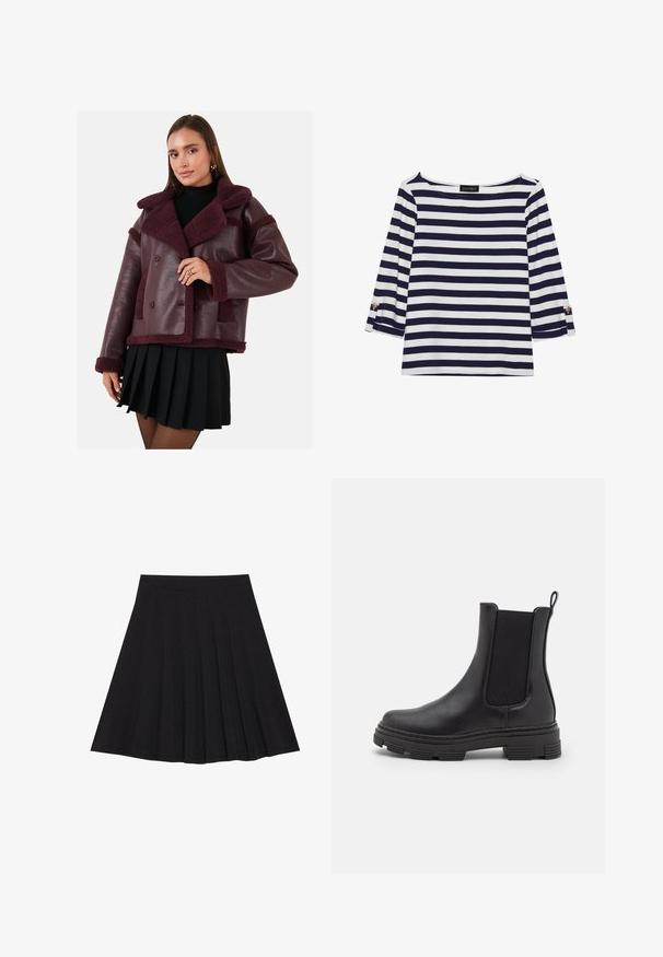 Burgunderfarbene Kunstlederjacke mit Schafslederkragen und Akzenten, doppelt geknöpftem Design und strukturierter Oberfläche. Kombiniert mit einem schwarzen Faltenrock.; Gestreiftes Langarmoberteil in Marineblau und Weiß mit einem Bootsausschnitt und goldfarbenen Knopfdetails an den hochgekrempelten Ärmeln. Weicher Stoff, entspannter Schnitt.; Schwarzer, plissierter Rock aus strukturiertem Stoff mit einem taillierten Bund. Fällt knielang und hat eine glatte, klare Silhouette.; Schwarze Leder-Ankle-Boots mit elastischen Seitenpaneelen, runder Spitze und texturierten Gummisohlen. Verfügt über eine Schlaufe an der Rückseite für ein einfaches Anziehen.