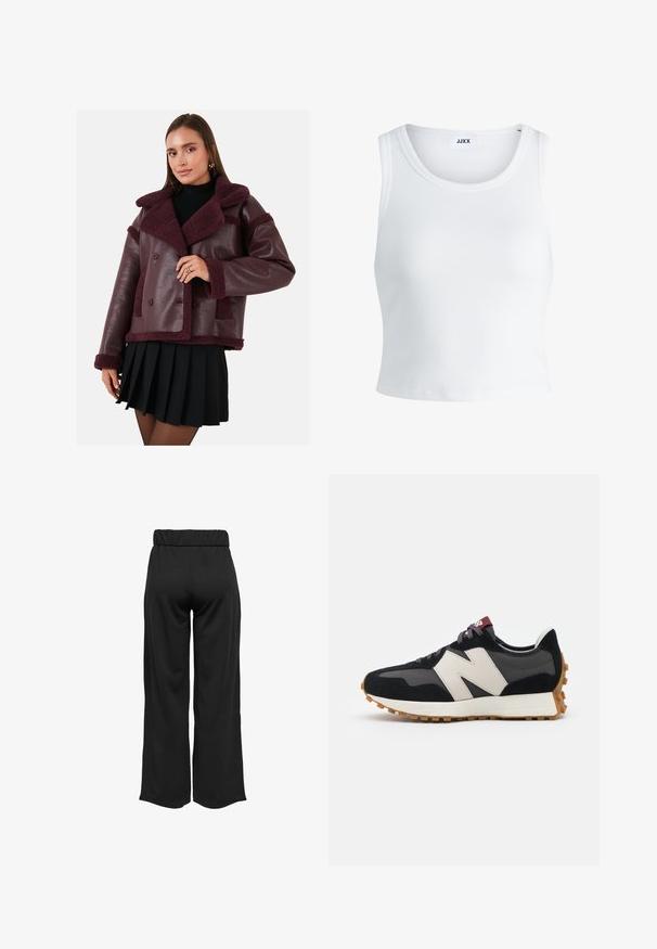 Giubbotto in finta pelle bordeaux con collo e dettagli in shearling, design doppiopetto e finitura testurizzata. Abbinato a una gonna plissettata nera.; Canottiera bianca a coste con scollatura rotonda, senza maniche e lunghezza cropped. Etichetta con la scritta "JJXX". Tessuto di texture liscia.; Pantaloni neri a gamba larga con cintura elastica, realizzati in tessuto liscio. Presentano un design pulito senza tasche o dettagli di cucitura visibili.; Sneaker in suede nero e grigio con un grande logo "N" color crema, lacci viola e una suola esterna in gomma gommosa texturizzata.