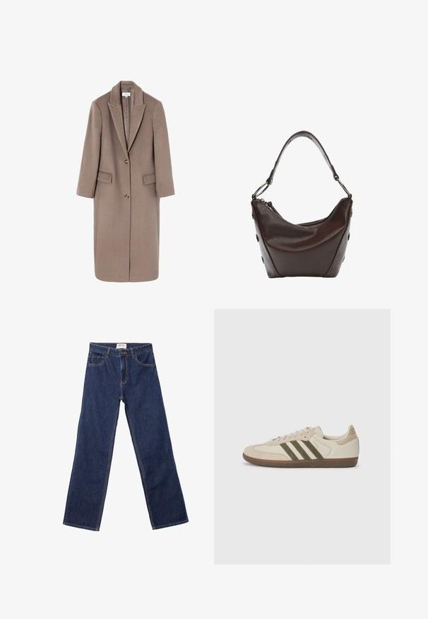 Lange, bruine wolcoat met een geknopt revers, sluiting met één knop en twee voorzakken. Gladde textuur met een getailleerd silhouet.; Crème trui met bruine horizontale strepen, voorzien van een ronde hals, een cropped zoom en geribbelde manchetten. Zacht breigoed.; Donkerblauwe rechte jeans met voorkeurszakken, riemlussen en een knoopsluiting.; adidas Originals SAMBA OG UNISEX - Sneakers laag - alumina/medium dark khaki/gum; Donkerbruine leren handtas met een gebogen vorm, ritsluiting en een korte handgreep. Voorzien van metalen hardware en decoratieve zwarte knopen aan de zijkant.