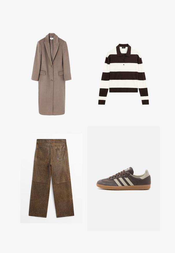 Cappotto lungo in lana marrone con rever a punte, chiusura a un bottone e due tasche frontali. Tessuto liscio con silhouette sartoriale.; Polo a maniche lunghe con righe orizzontali alternanti marrone scuro e bianche, colletto e pattina con bottoni. Realizzato in tessuto morbido.; Pantaloni larghi in pelle marrone con due tasche posteriori e cuciture visibili, mostrati da dietro su uno sfondo bianco.; Sneaker in pelle marrone con tre strisce chiare, suola in gomma, punta arrotondata e dettagli in suede texture sul tallone e sulla punta.