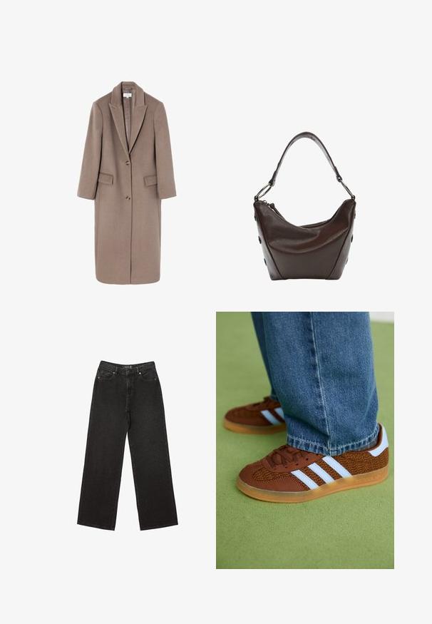 Cappotto lungo in lana marrone con rever a punte, chiusura a un bottone e due tasche frontali. Tessuto liscio con silhouette sartoriale.; T-shirt in cotone grigio chiaro con maniche corte, scollo rotondo e vestibilità rilassata. Presenta cuciture minime e nessun motivo o dettaglio visibile.; Jeans neri a gamba larga realizzati in denim, caratterizzati da piccoli motivi a pois, design classico a cinque tasche e chiusura con bottone e zip.; Sneakers Adidas marroni con strisce bianche e suole in gomma indossati con jeans blu su un tappeto verde.; Borsa in pelle marrone scuro con forma curvata, chiusura con zip e manico corto. Caratterizzata da hardware in metallo e bottoni neri decorativi sul lato.