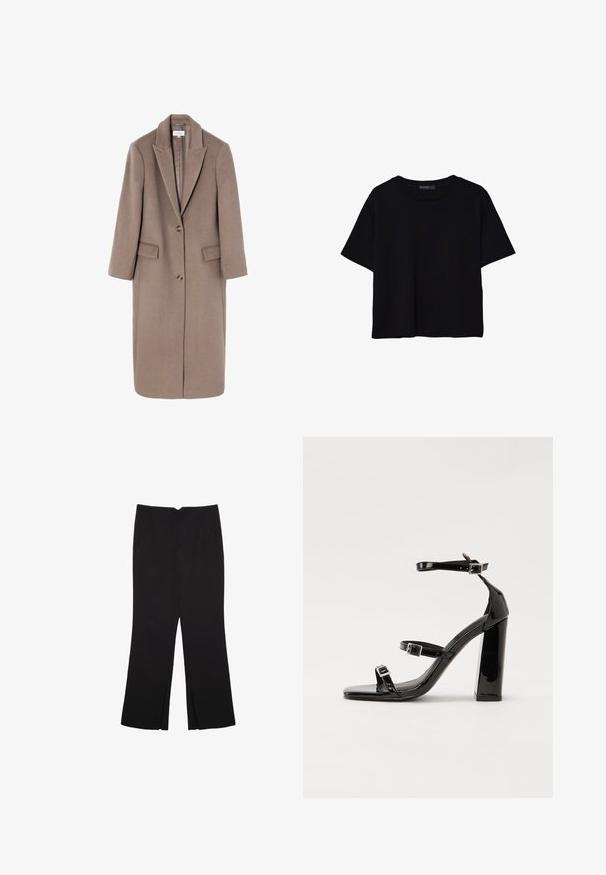 Langer, brauner Wollmantel mit Reverskragen, Ein-Knopf-Verschluss und zwei vorderen Taschen. Glatte Textur mit taillierter Silhouette.; Schwarzes T-Shirt mit kurzen Ärmeln aus Baumwolle. Verfügt über einen runden Ausschnitt und einen lockeren Schnitt mit einer glatten, einfarbigen Textur. Keine sichtbaren Muster oder Akzente.; Schwarze Hose mit geradem Schnitt, ausgestattet mit Fronttaschen und Seitenschlitzen am Saum. Hergestellt aus weichem, glattem Stoff. Geeignet für verschiedene Anlässe.; Schwarze patentierte Sandalen mit Absatz, quadratischer Spitze, Knöchelriemen und silbernen Schnallen. Mit einem stabilen Blockabsatz für mehr Stabilität.