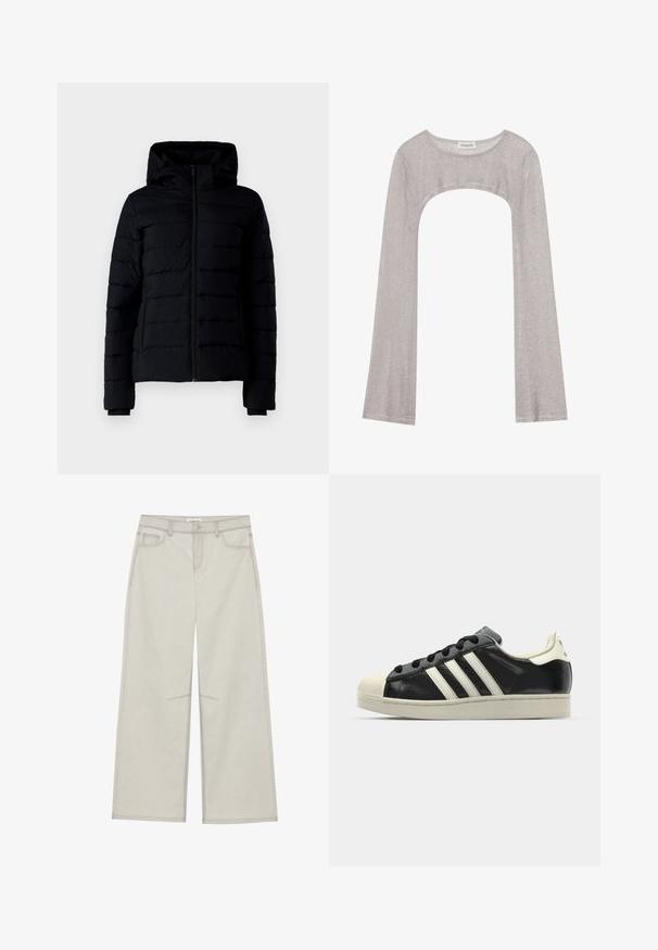 Svart pufferjakke med glidelås foran, hette og quiltet design. Har elastiske mansjetter og en glatt tekstur. Lett og isolert.; Sølv langermet topp med rund hals og utskjæring under. Laget av teksturert stoff, med en tettsittende design og utsvungne ermer.; Lys grå vide bukser med fem lommer, frontknaplukning og kontrastsying langs sømmene. Stoffet ser blødt og holdbart ud.; Svarte skinnsneakers med hvite striper, gummitopp, svarte lisser og en kremfarget såle. Glatt tekstur med blank finish.