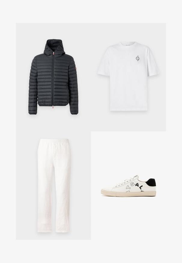 Juodasis nailonas pūkinis švarkas su horizontaliomis siūlėmis, užtrauktuku ir pritvirtinta kapuce. Kitur yra mažas raudonas užtrauktuko trauklas ir logotipas.; Balta medvilninė marškinė su laisvu siluetu, su mažą juodą grafiką logotipą kairėje krūtinės pusėje. Trumpomis rankovėmis, apvaliu kaklu.; Baltos lininės kelnių su elastine juosta, tiesaus kirpimo dizainas ir šiek tiek tekstūruota medžiaga. Be raštų ar papildomų detalių.; Balta odinė sportinė avalynė su juodais akcentais ant kulno, ant šono yra drąsus juodas užrašas ir guma. Minimalistinis dizainas.