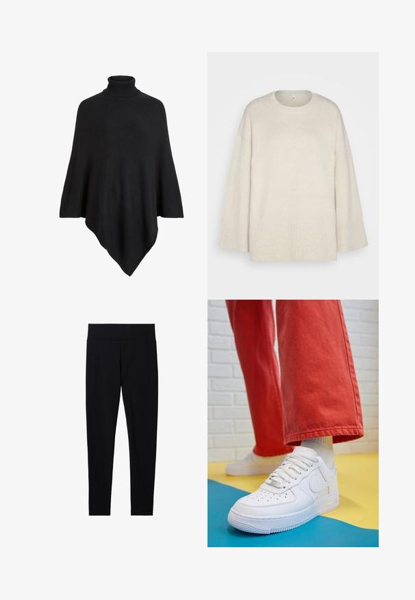 Svart stickad poncho med hög polokrage, formad i en triangulär design med en mjuk, texturerad yta.; Ljus beige tröja gjord av mjukt stickat tyg, med rund halsringning, sänkta axlar och ribbade detaljer vid nederkant och ärmar.; Svart stretchiga leggings med en bred, mjuk midja, som har en slät textur och en åtsittande silhuett, lämpliga för olika aktiviteter.; Vita lädersneakers med perforerat tåparti, texturerad sula och vita snören, kombinerat med vida röda byxor och en blå och gul bakgrund.