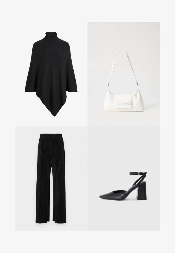 Must mustriltud ponžo musta värvi, millel on kõrge salli kaelus, kujundatud kolmnurkse disainiga ja pehme, tekstuuriga viimistlusega.; Must olema lühikeste varrukatega must t-särk ümmarguse kaelusega, valmistatud pehmest puuvillast kangast. Lihtne disain, ilma nähtavate logode või mustriteta.; Mustad pleekitud püksid elastse vöökohtaga. Omavad laiad jalad ja sujuvat, tekstureeritud kangast vertikaalsete triipudega.; Mustmustest must-käigukingad, millel on konksuga nöör ja paks konts. Ühtlane tekstuur, stiilne disain ja minimalistlik esteetika.; Valge sünteetilisest materjalist kott kolmnurkse kujuga, lame esiklapiga ja kaaredetailiga, reguleeritava rihmaga, sileda tekstuuriga ja minimalistliku disainiga.