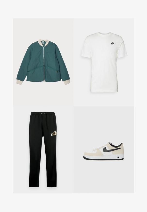 Pompeii PADDED JACKET - Könnyű dzseki - emerald; Fehér pamut póló rövid ujjal, kerek nyakkivágással, és egy fekete Nike logóval a bal mellkas területén. Simás textúra és klasszikus fazon.; Fekete melegítőnadrág puha anyagból, gumis derékrésszel, húzózsinórokkal, szűkített szárakkal és arany hímzett "nike" logóval.; Világos bézs suede és fehér bőr felsőrésszel rendelkező sportcipők, fekete Nike logo, fekete részletek és fehér gumitalp, amelyen "AIR" felirat található.