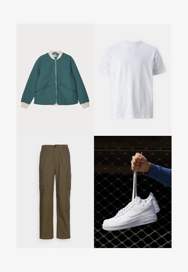 Pompeii PADDED JACKET - Ľahká bunda - emerald; Biela krátkoročná tričko vyrobené z bavlny, s okrúhlym výstrihom a hladkou textúrou, s rovným strihom a bez vzorov.; Cargo nohavice v olivovo zelenej farbe, vyrobené z odolného materiálu. Majú dve bočné vrecká, štandardný pás a rovný strih nohavíc.; Biele kožené tenisky s perforáciami, okrúhlou špičkou, plochou podrážkou a hrubými šnúrkami, pričom majú viditeľné logo swoosh a nápis "AIR" na päte.