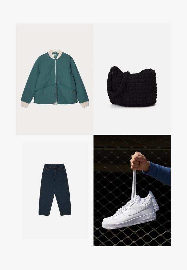 Pompeii PADDED JACKET - Viegla jaka - emerald; Piecu melnu T-kreklu komplekts ar garām piedurknēm. Īsas piedurknes, kokvilnas materiāls, standarta piegriezums. Gluda tekstūra bez redzamām rakstām vai rotājumiem.; Tumši zili augsto vidukli bikši ar brīvu piegriezumu, piecu kabatu un pogu aizdari. Izgatavoti no gludas auduma.; Baltas ādas sporta apavi ar perforācijām, apaļu purngali, plakanu zoli un biezām šņorēm, ar redzamu swoosh logo un vārdu "AIR" uz papēža.; Melnas auduma soma ar strukturētu, quiltotu rakstu. Apaļa forma, īsas, resnas rokturi un mīksta, elastīga konstrukcija.