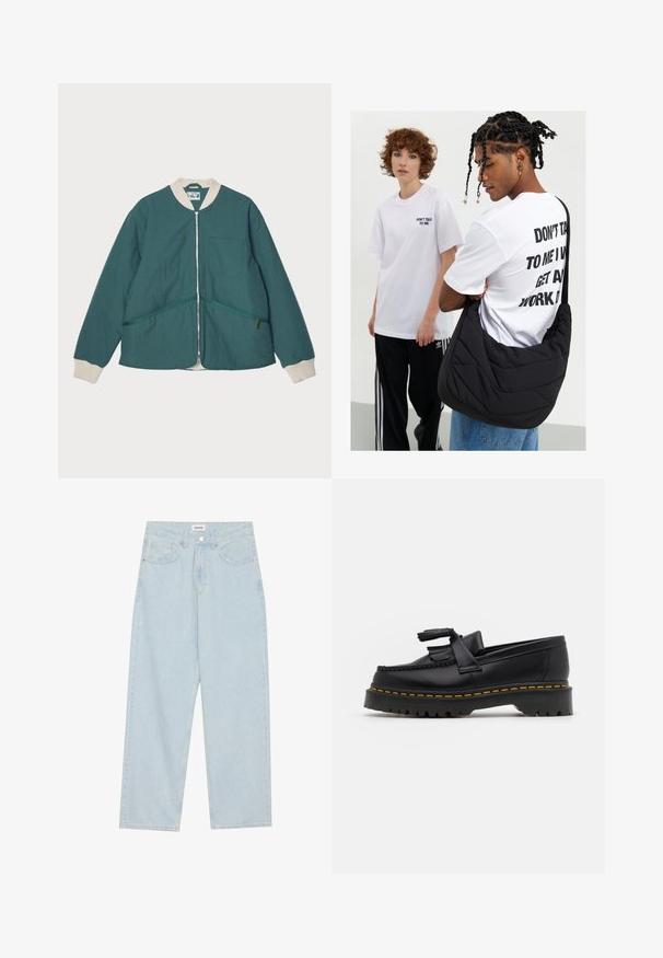 Pompeii PADDED JACKET - Casaco leve - emerald; Pacote de cinco t-shirts preto de gola redonda. Mangas curtas, material em algodão, corte standard. Textura suave, sem padrões ou embelezamentos visíveis.; Calças jeans de perna larga em azul-claro, feitas de denim, com uma cintura média, cinco bolsos e um fecho de botão com um pequeno detalhe metálico.; Mocassim de couro preto com um detalhe de franjas, apresentando uma sola preta robusta e costura amarela ao longo da borda. Acabamento texturizado.; Carteira de ombro preta, acolchoada e com uma textura suave, usada por uma pessoa com uma t-shirt gráfica branca com texto em negrito. Vestuário casual com jeans.