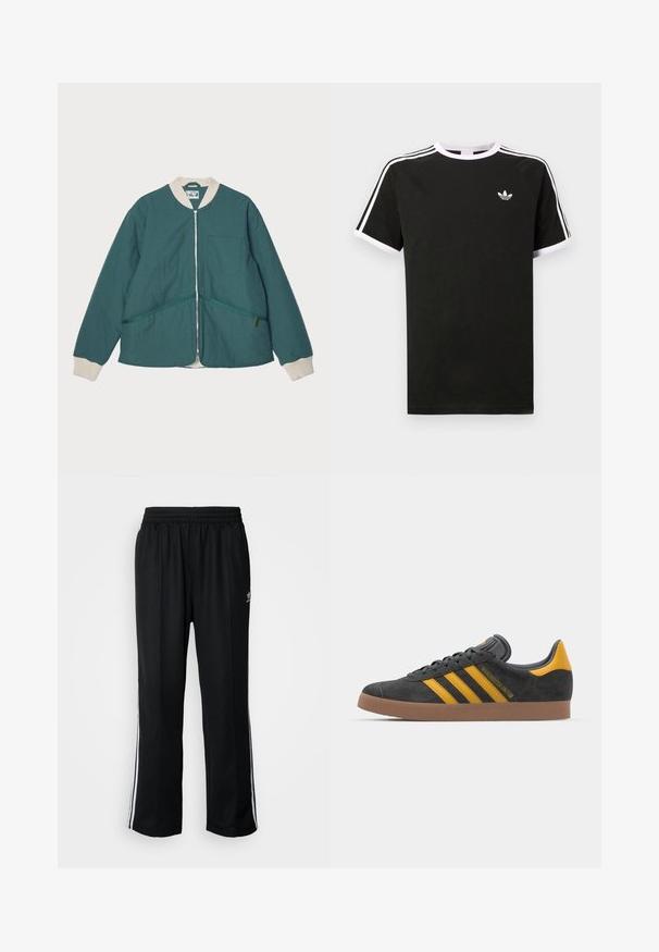 Pompeii PADDED JACKET - Könnyű dzseki - emerald; Fekete, pamutból készült póló, fehér díszítéssel. Rövid ujjú, raglan fazonú, a mellkasán kis logóval. Három fehér csík az vállakon.; Fekete sportnadrág rugalmas derékrésszel, fehér oldalsávokkal és egy kis logóval. Az anyaga lágy és könnyűnek tűnik.; Fekete velúrbőr sportcipő sárga díszítéssel, három csíkkal és barna gumitalppal. Párnázott nyelvével a kényelem érdekében.