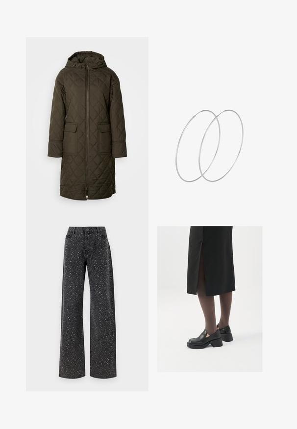 Quilted, long anorak in dark olive green, featuring a hood, two front pockets, and a front zipper closure. Smooth, textured fabric.; Sequin button-up shirt in light cream. Features a classic collar, long sleeves, and shiny sequin detailing throughout for a textured look.; Noisy May NMJANNEL LOOSE - Relaxed fit jeans - black denim; Black leather shoes with a rounded toe, thick block heel, and elastic side accents, paired with dark tights and a black skirt with a slit.; Silver hoop earrings with a minimalist design. Circular shape, smooth texture, and thin profile. Lightweight with a polished finish.