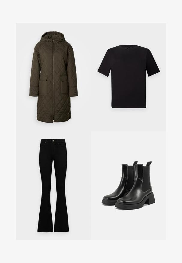 Quilted, long anorak in dark olive green, featuring a hood, two front pockets, and a front zipper closure. Smooth, textured fabric.; Black short-sleeve t-shirt with a round neckline, crafted from soft cotton fabric. Simple design, no visible logos or patterns.; Black high-waist jeans with a button and zip closure, front pockets, and flared legs laid flat on a white background.; Black leather Chelsea boots with a chunky heel, elastic side panels, and contrasting white stitching. Textured finish.