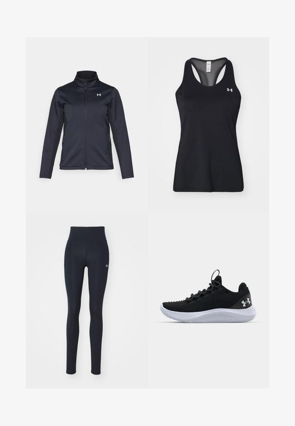 Marineblå vindjakke med oppstående krage, hel glidelås foran og sidelommer. Laget av lett, teksturert stoff med et merket logo.; Svart atletisk tanktopp med teksturert stoff, racerback-design og subtil logo detaljer på brystet. Lett og pustende materiale.; Svarte treningstights laget av elastisk stoff, med høy midje, sidelommer og en liten logo på underbenet.; Sorte atletiske sko med en pustende mesh-overdel, teksturert detailing og en hvit gummisåle. Har flate snører og en pull-tab på hælen.