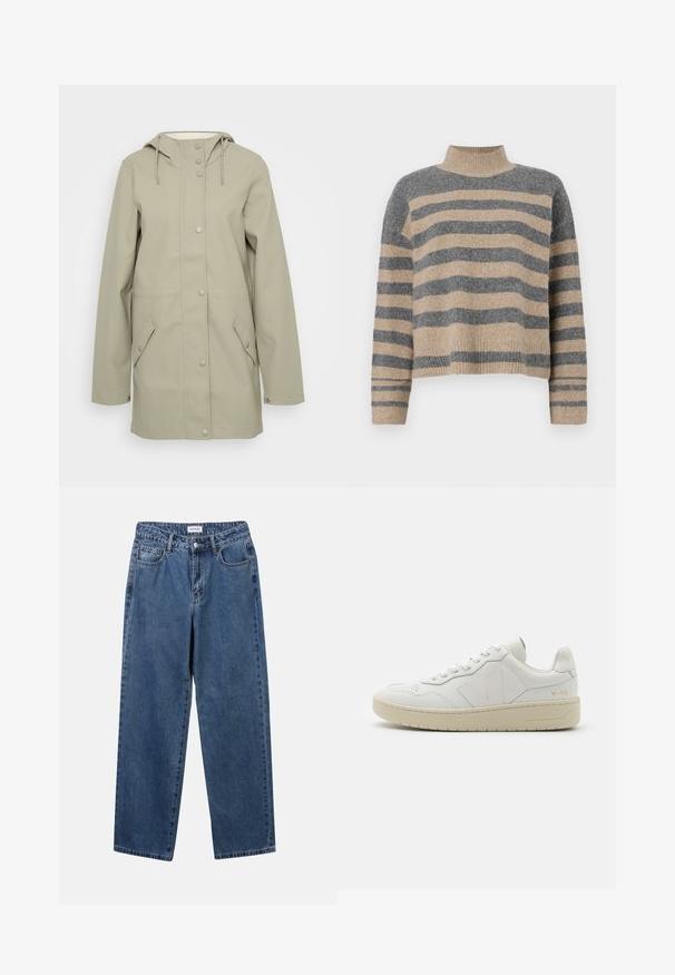 Helle beige wasserabweisende Jacke mit Kapuze, vorderem Druckknopfverschluss, zwei Seitentaschen und verstellbaren Zugbändern an der Kapuze. Glatte Textur.; Gestreifter Strickpullover in Grau- und Beigetönen, mit hohem Kragen, breiten Bündchen an den Ärmeln und einer lockeren Passform im verkürzten Design.; Klassische blaue Denim-Jeans mit geradem Bein, fünf Taschen und Knopfverschluss. Sie verfügen über eine mittelblau gewaschene Optik und sind aus robuster Textur.; Weiße Leder-Sneaker mit perforiertem Zehenbereich, kontrastierender beiger Gummisohle und Logoplaketten an der Seite und Ferse. Minimalistisches Design.