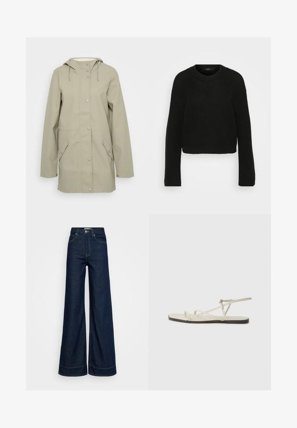 Gaiši bežīgs ūdensizturīgs jaka ar kapuci, priekšējo pogu aizdari, divām sānu kabatām un regulējamiem aukliņām kapuces rajonā. Gluda tekstūra.; Melna adīta džemperis ar klasisku apkakli un garām piedurknēm. Iezīmēts ar teksturētu motīvu un īsāku dizainu.; Tumši zili augstā jostasvietā platā kāju džinsi ar priekšējām kabatām, jostas cilpām, pogu aizdari un redzamu šuvju uz balta fona.; Bežīgas plakanas čības ar vairākiem plāniem siksniņām un regulējamu sprādzi. Zole ir plakana ar nelielu tumšu kontrastu malā.