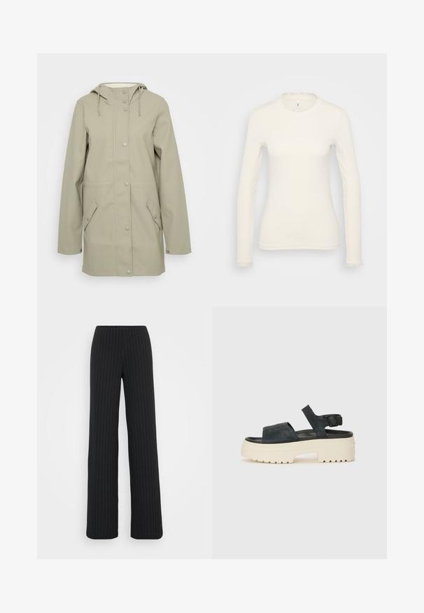 Svijetlosmeđi vodootporni jakna s kapuljačom, prednjim zatvaranjem na gumbi, dva bočna džepa i podesivim vezicama na kapuljači. Glatka tekstura.; Dugi rukav bijela majica s rebrastom teksturom. Ima delikatni naborani izrez i rubove na rukavima. Jednostavan, prilagođen dizajn.; Vero Moda Tall VMBERLIN MY WIDE - Hlače - obsidian/oatmeal; Crne ante sandale na platformu s debelim bijelim potplatom, širokim prednjim remenom i podesivom kopčom za gležanj. Teksturirani potplat za bolju prionjivost.