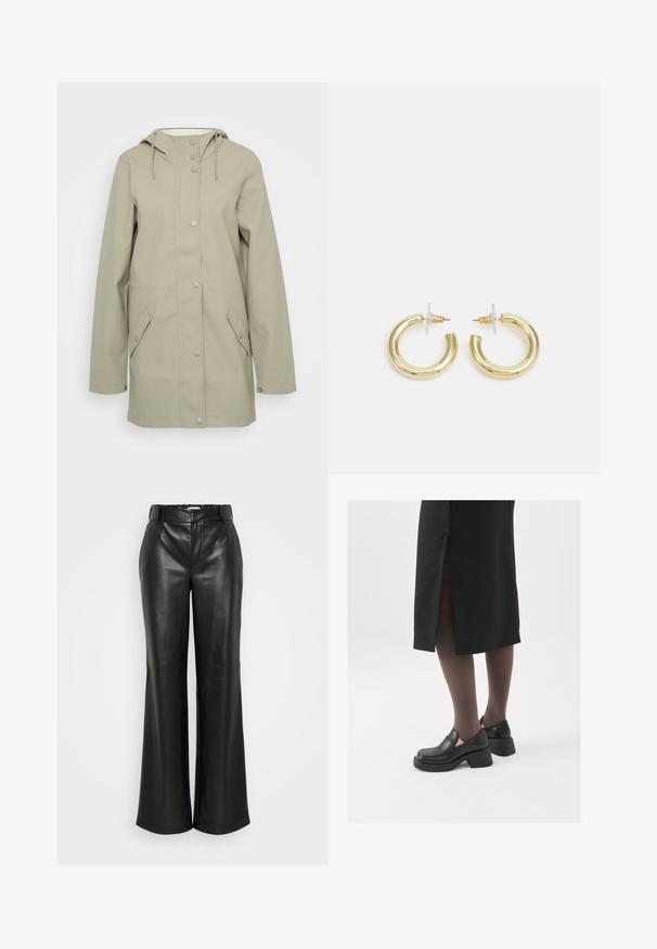Helle beige wasserabweisende Jacke mit Kapuze, vorderem Druckknopfverschluss, zwei Seitentaschen und verstellbaren Zugbändern an der Kapuze. Glatte Textur.; Schwarzes geripptes Rollkragenoberteil, kurze Ärmel, figurbetontes Design, weiche Textur, minimale Nähte und ein hoher Kragen.; ONLY Tall ONLSMOOTH WIDE - Stoffhose - black; Schwarze Lederschuhe mit abgerundetem Zeh, dicker Blockabsatz und elastischen seitlichen Akzenten, kombiniert mit dunklen Strumpfhosen und einem schwarzen Rock mit Schlitz.; Goldene Creolen mit einer glatten, glänzenden Oberfläche. Zirkuläres Design mit einem kleinen Stecker und einer klaren Rückseite für einen sicheren Sitz.