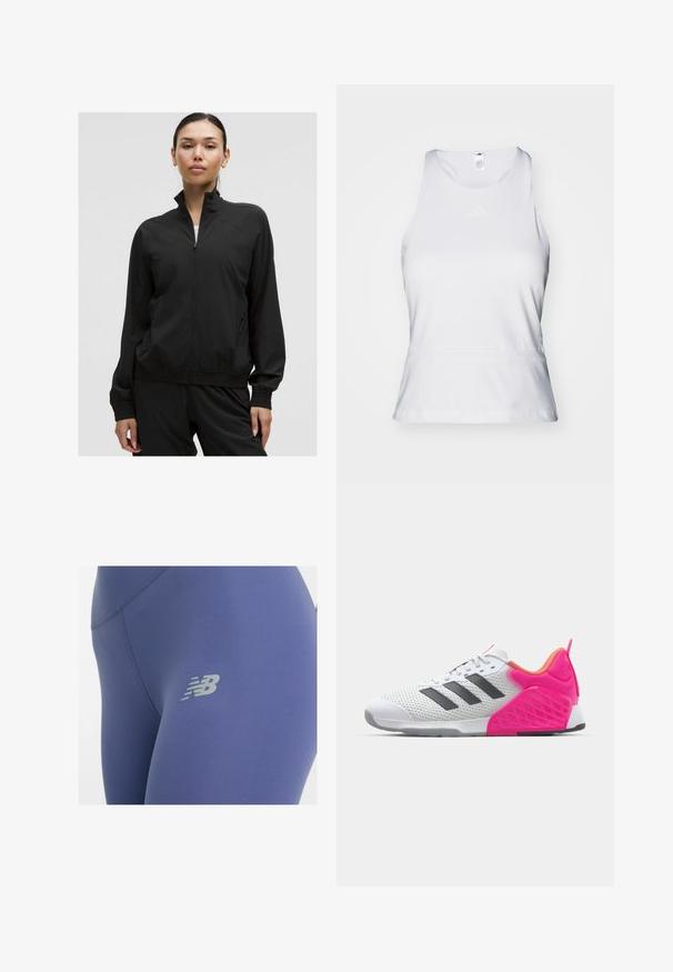 Schwarze Zip-Jacke mit hohem Kragen, elastischen Bündchen und seitlichen Taschen. Hergestellt aus glattem, leichtem Material mit dezenten perforierten Details.; Weißes ärmelloses Sportoberteil mit rundem Halsausschnitt, glatter Textur und dezentem, tonal gehaltenem Logo auf der Brust. Gerader Saum an der Taille.; Leggings aus tiefblauem Stoff mit glatter Textur, versehen mit einem reflektierenden grauen Logo am Oberschenkel und Flachnähten für zusätzlichen Komfort.; Weißer Sportschuh mit grauen Streifen, Obermaterial aus Mesh sowie pinken Ferse und Akzenten. Mit texturiertem Fersenbereich und Gummisohle. Schnürsenkel und gepolsterter Kragen.