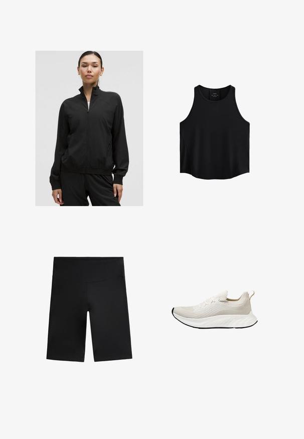 Črno jopa z zadrgo, narejena iz gladkega, lahkega blaga z dolgimi rokavi in elastičnimi manšetami; ima stranske žepe in subtilne teksturne detajle.; Črna brezrokavna bluza iz gladkega materiala, ki ima okroglo izrezovanje, raven kroj in stranske panele z rahlo teksturo.; Črne kolesarske hlače iz raztegljive tkanine. Imajo visok pas, gladko teksturo in dolžino do kolen brez vidnih šivov ali vzorcev.; Atletski copat v obliki oblaka bele barve z teksturirano pletenino in fleksibilnim podplatom, ki ima dekorativne vezalke in zanko na hrbtni strani.