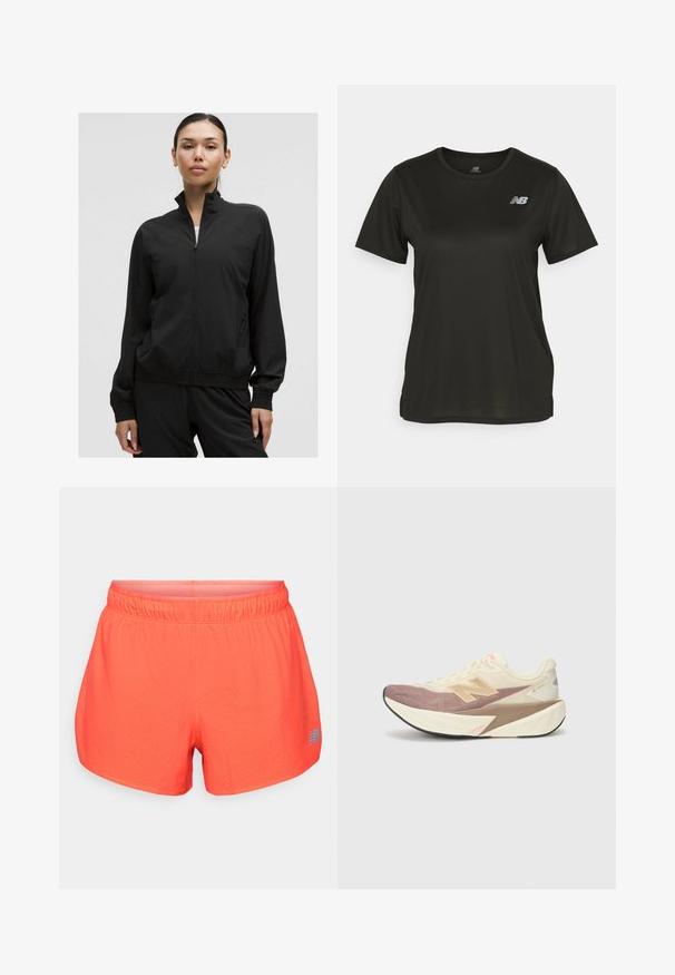Black zip-up jacket with a high collar, elastic cuffs, and side pockets. Made of smooth, lightweight material with subtle perforated details.; Black short-sleeve T-shirt made of smooth fabric, featuring a round neckline and a reflective white logo on the left chest.; Men's running shorts in bright coral, made of breathable fabric with perforated texture. Features an elastic waistband and a blue logo accent.; Running shoe with a cream upper, pink accents, and gray details. Features a thick sole with a textured surface and prominent logo.
