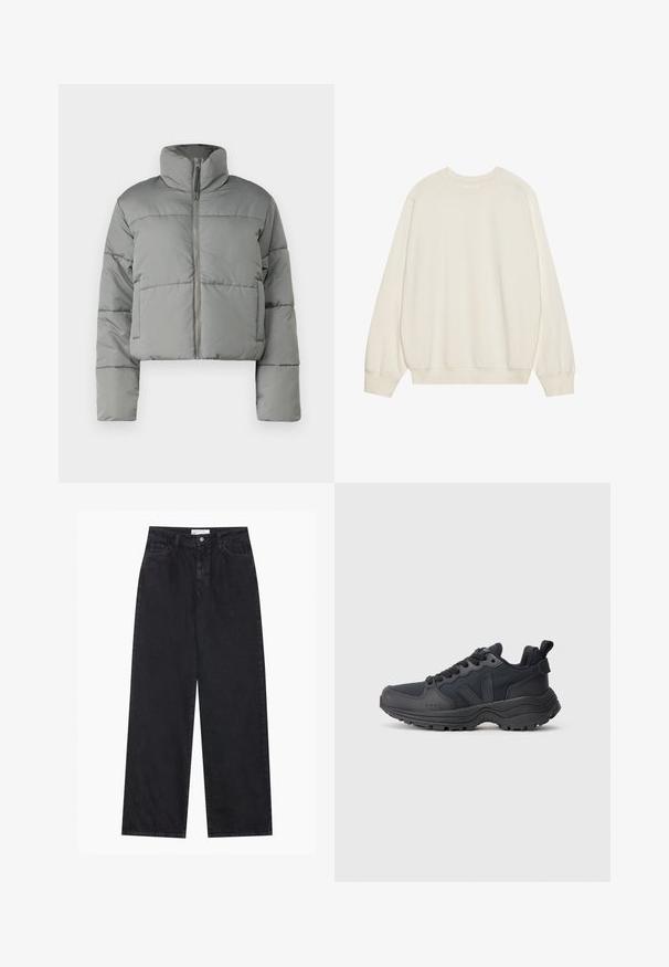 Grå cropped pufferjakke med høy krage, glidelås foran og stikksømmer for isolasjon. Glatt, matt overflate og oversized passform.; Lys beige sweatshirt laget av myk bomullsblanding. Har lange ermer, rund halslinning, og ribbestrikkede mansjetter og kant med en avslappet passform.; Svart høy midje brede bomullsjeans med frontknapp og glidelås, beltehemper og fem-lommers stil.; Svart atletisk sneakers med tykk såle, snøring, teksturert overdel og opphevet stropp på hælen, vist i sideprofil på hvit bakgrunn.