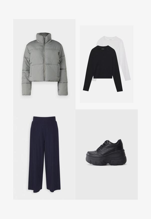 Grijze cropped pufferjack met een hoge kraag, ritsluiting en gestikte panelen voor isolatie. Soepele, matte afwerking en oversized fit.; Twee langemouwen shirts: een zwarte en een witte. Beide hebben een ronde hals, raglanmouwen en zijn gemaakt van een zachte katoenmix.; Wijd-uitlopende broek in donkerblauwe stof met een geribbeld patroon. Heeft een gladde tailleband en een vloeiende silhouet, die tot halverwege de kuiten reikt.; Zwarte vetersneakers met een dikke zool, voorzien van een bovenwerk van soepel leer, een ronde neus en een herkenbaar gelaagd platformontwerp.