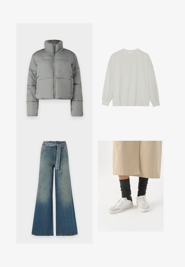 Halli lühike pufferjakke kõrge krae, tõmblukk ja isoleerimiseks õmmeldud paneelid. Sile, mati viimistlusega ja ülekaaluline istuvus.; Hele halli pikkade varrukatega T-särk, mis on valmistatud pehmest puuvillast. Omab vaba lõiget, ümmargust kaelust ja õrnalt kogutud varrukaotsi. Muster ja graafika puuduvad.; Laiad denimpüksid, millel on hele tume sinine gradiendiefekt, kõrge vöökoht, vöökumlid ja sobivast kangast vöö. Struktureeritud denimi viimistlus.; Valged ja hallid tennised musta kannaaktsendiga, millel on sile nahkpealis ja tekstuuriga sametine varvas. Kanda tumedate hallide viltuste sokkidega.