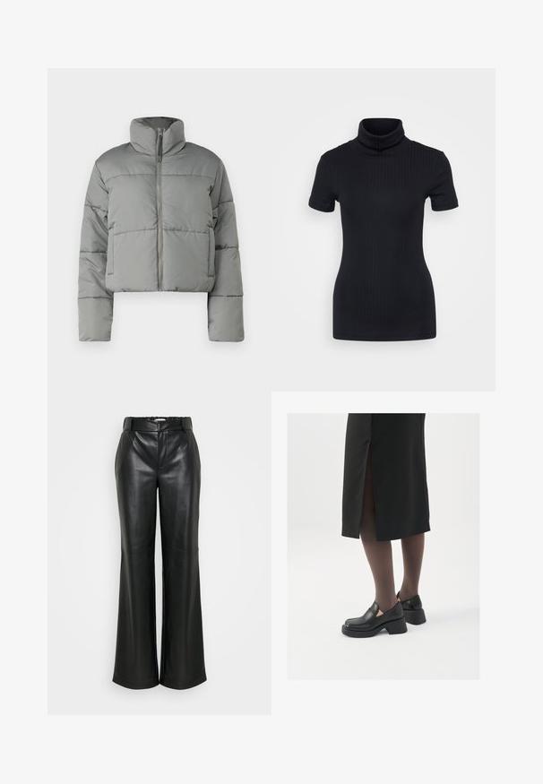Grå cropped pufferjakke med høj krave, lynlås lukning og syede paneler for isolering. Glat, mat finish og oversized pasform.; Sorte ribbede turtleneck top, korte ærmer, tætsiddende design, blød tekstur, minimale sømme og en høj krave.; ONLY Tall ONLSMOOTH WIDE - Bukser - black; Sorte lædersko med rund tå, kraftig blokhæl og elastiske sideaccentuer, parret med mørke strømpebukser og en sort nederdel med slids.