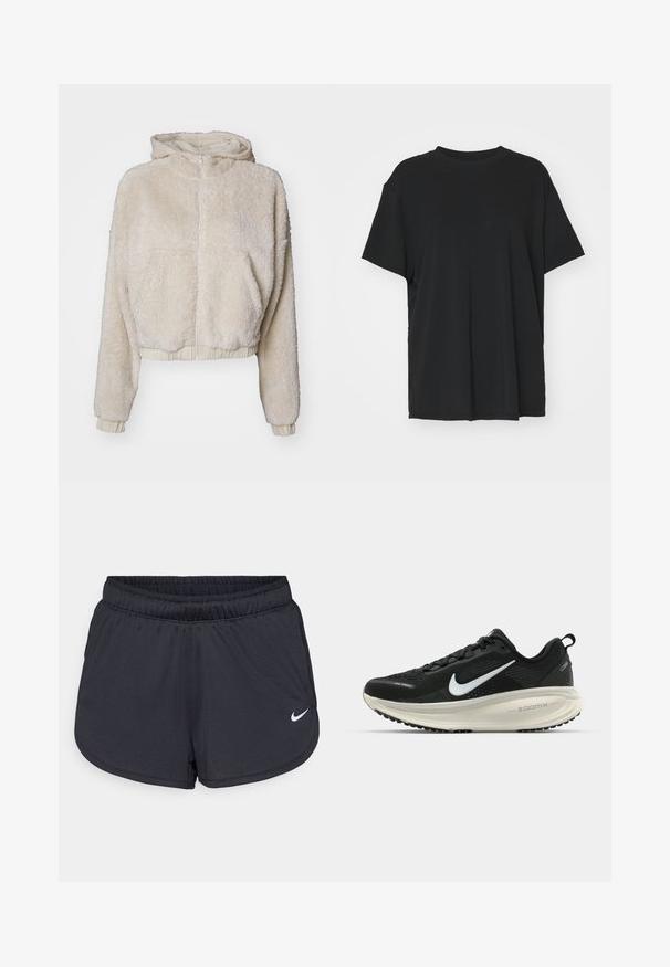 Kreemikas, lühike fliisist kapuutsiga jakk, millel on eesneed, küljetaskud, soonikkoes varrukad ja pehme, tekstureeritud kangas.; Must have lühikeste varrukatega must t-särk, mis on valmistatud siledast kangast, ümmarguse kaelusega ja laia lõikega. Omab külgslitsid, mis pakuvad lisamugavust ja hingavust.; Mustad mustikud mustad lühikesed püksid, mis on valmistatud kerge ja hingava kangaga. Omab elastset vööd ja valget Nike logo alumises paremas nurgas.; Musthave mustus Nike jooksujalats, millel on hingav võrgust ülemine osa, valge swoosh logo, tekstuuriga detailid ja kreemja värvusega ZoomX vahevöö.
