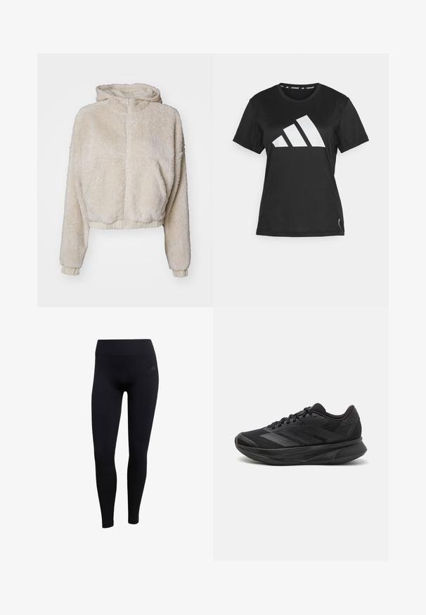 Kremowy, krótki polarowy hoodie z zamkiem błyskawicznym z przodu, bocznymi kieszeniami, ściągaczami przy mankietach i miękkim, teksturowanym materiałem.; Czarny sportowy T-shirt wykonany z gładkiego materiału, z dużym białym logiem trzech pasów z przodu oraz detalami metki przy dolnym obszyciu.; Czarne legginsy sportowe z elastycznego materiału, z wysokim stanem, dopasowanym krojem i prążkowanymi mankietami na kostkach. Dyskretne logo marki.; Czarna sportowa buty do biegania z oddychającą siateczką, zaokrąglonym noskiem, eleganckim designem, teksturowanymi akcentami oraz amortyzowaną podeszwą dla wygody.