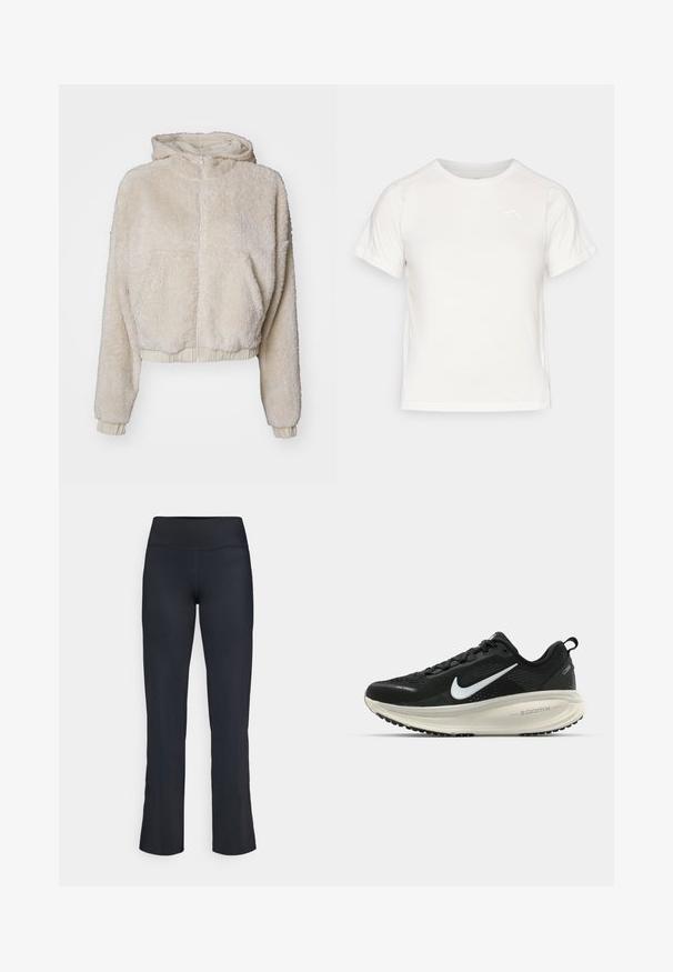 Krémový, kratší fleecový hoodie s předním zipem, bočními kapsami, žebrovanými manžetami a měkkou, texturovanou tkaninou.; Ľahké biele tričko s krátkymi rukávmi, okrúhlym výstrihom a malým logom v hornom ľavom rohu. Hladká tkanina s miernym leskom.; Čierne športové nohavice s vysokým pásom. Vyrobené z hladkej, elastickej látky s rozšíreným strihom nohavíc a minimálnym počtom švov.; Čierne bežecké topánky Nike s priedušnou sieťovinou, bielym logom s symbolom swoosh, textúrovanými detailmi a krémovou ZoomX medzipodrážkou.
