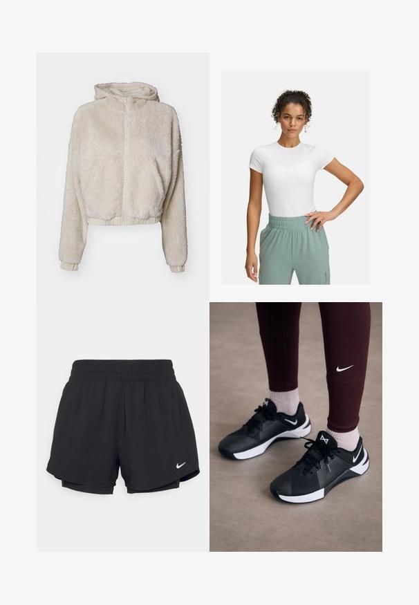 Kremno obarvana, skrajšana flisasta kapuca z zadrgo spredaj, stranskimi žepi, rebrastimi mansetami in mehkobnim, strukturiranim materialom.; Bela prilegajoča majica s kratkimi rokavi, kombinirana z lahkimi hlačami z elastičnim pasom v svetlo zeleni barvi. Gladka tekstura, minimalistična zasnova in brez vidnih vzorcev.; Črne športne pantalone z nabranim elastičnim pasom, notranjo podlogo in belim Nike logotipom na spodnji levi strani. Gladka, lahka tkanina.; Črne športne čevlje z teksturirano zgornjimi deli in belimi akcenti, vključno z vezalkami in logotipom na strani. Oblečene z maroon legicami in svetlimi nogavicami.