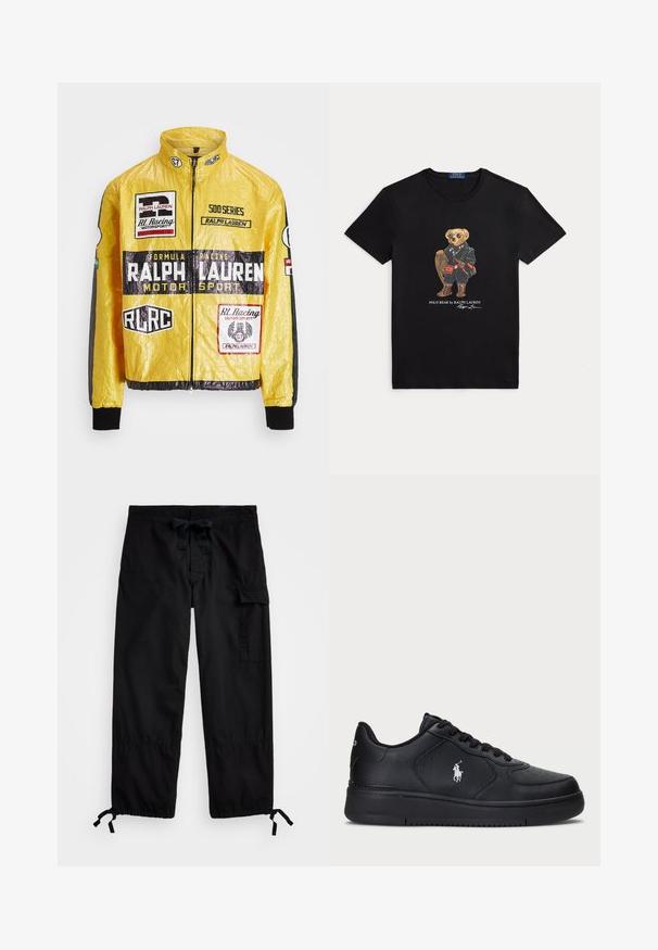 Rumena, teksturirana dirkalna jakna z več potiskanimi logotipi in nalepkami, črnimi poudarki na rokavih in manšettah, z zadrgo na sprednji strani.; Črna majica z okrolim ovratnikom z grafiko medveda, ki nosi sončna očala, zimsko opremo in drži snežni čevelj, označeno z napisom "Polo Bear by Ralph Lauren."; Črne cargo hlače z elastičnim pasom in vrvico. Imajo stranske žepke in nastavljive manšete s toggli. Narejene so iz lahkega blaga.; Črne usnjene superge s perforiranim dizajnom, ravnim vezanjem in belim vezenim logotipom na strani. Debel črn gumijast podplat.