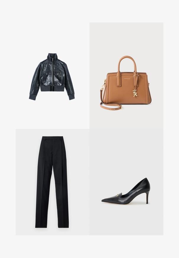 The Kooples Leren jas - black; Crèmekleurige gebreide trui met lange mouwen, ronde hals en ribgebreide manchetten en zoom, plat gelegd op een witte achtergrond.; Lichtblauw, lang mouw, strak shirt met een puntige kraag en verborgen frontknopen, op maat gemaakt taille en knoopmanchetten.; Zwarte broek gemaakt van gladde stof met een hoge taille, wijde benen, voorplooien en klassieke ceintuurlussen. Geen zijzakken zichtbaar.; Zwarte leren pump met een spitse neus, lage vamp en een decoratieve gouden accent. Voorzien van een stilettohak en een gladde textuur.; Bruine leren handtas met dubbele handvatten, afneembare schouderband, goudkleurige "MK" charme en het Michael Kors logo op de voorkant.
