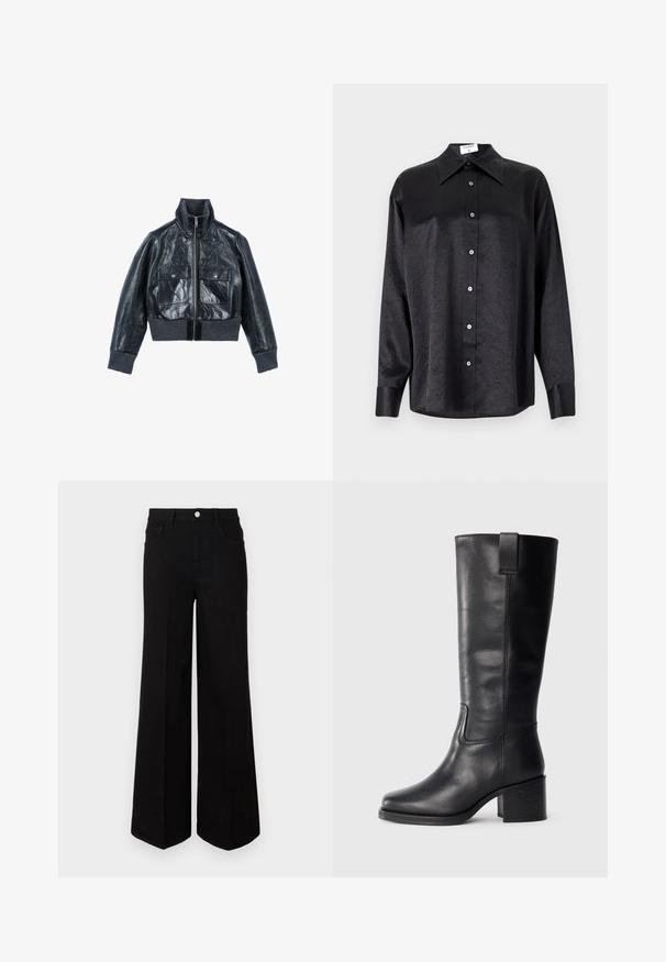 The Kooples Leren jas - black; Zwarte blouse met lange mouwen en een kraag, voorzien van een gekreukt oppervlak, volwaardige knopen aan de voorkant en manchetten. Gemaakt van een gladde stof.; Zwarte wijde jeans gemaakt van stevig materiaal, met een hoge taille, voorzakken en een knopen sluiting aan de voorkant. Rechte zoom aan de onderkant.; Zwarte leren kniehoge laarzen met een gladde textuur, vierkante neus, blokhak en zijhandvat, met minimale stikseldetails.