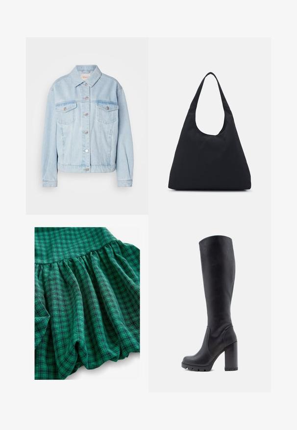 Giacca di jeans blu chiaro con collo classico, due tasche sul petto, chiusure a bottone argentate e orlo leggermente accorciato.; New Look Camicetta - black; Il tessuto a quadri verdi presenta diverse tonalità, una texture arricciata e un orlo con volant. Il materiale appare traspirante e leggero.; Stivale nero fino al ginocchio, materiale in pelle liscia, tacco spesso, punta tonda, suola testurizzata con grip, design elegante senza adornamenti.; Borsa di tessuto nera con un'unica tracolla larga. Forma morbida e semi-strutturata, con una texture liscia; design minimale, senza hardware visibile.