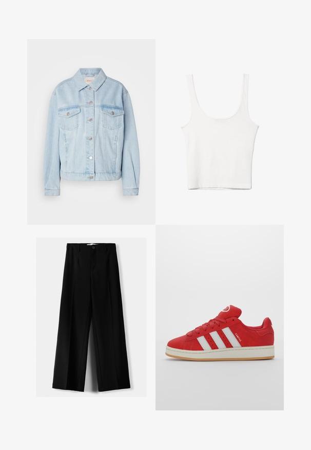 Svijetloplava traper jakna s klasičnim ovratnikom, dva džepa na prsima, srebrnim kopčama i blago skraćenim rubom.; Bijela pamučna majica bez rukava s izrezom u obliku slova U, tijesnog kroja. Glatka tekstura, jednostavan dizajn i minimalni detalji šivanja.; Crne široke hlače izrađene od lagane tkanine, s prednjim zatvaranjem na dugme i ravnim prednjim dijelom, sa uredno šivenim rubovima.; Crvene nubuk tenisice s tri bijele pruge, gumeni đon, zaobljen vrh i podstavljeni jezik, s detaljem "CAMPUS" na strani.