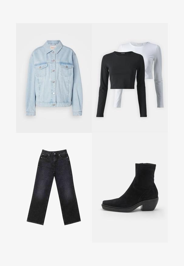 Svetlo modra denim jakna z klasičnim ovratnikom, dvema žepoma na prsih, srebrnimi gumbi in rahlo skrajšanim robom.; Dva dolgih rokavov majic, ena črna in ena bela, narejeni iz mehkega bombažnega materiala, s okroglimi izrezi in skrajšano zasnovo.; Visoke črne-denim hlače z širokim krojem, zasnovane s petimi žepi in vidnimi šivi. Tkanina ima gladek, rahlo teksturiran videz.; Črne semiš gležnjarje z obliko kvadratnega nosu, nizko blok peto in gladko teksturo. Imajo prilegajoče zgornji del in minimalne šive.