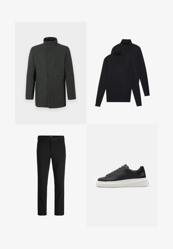Vilnos paltas tamsiai pilkos spalvos su žuvies kaulo raštu, aukštu apykakliu, sagų užsegimu ir šoninės kišenės detale. Klasikinio, pritaikyto silueto.; Du mėlynos ilgomis rankovėmis golfo megztiniai, paprasta mezgimo, supilti vienas ant kito, vienas šiek tiek už nugaros, ant baltos fono.; Juodos kelnės, pagamintos iš švelnaus audinio, pasižyminčios klasikiniu dizainu, tiesiu kirpimu, priekiniais mygtukais ir šoninėmis kišenėmis.; Juodos odinės sportbačiai su balta guma padanga, su plokščiomis raiščiais ir firminiais skylutėmis. Minkšta tekstūra su kontrastingu šonu akcentu.