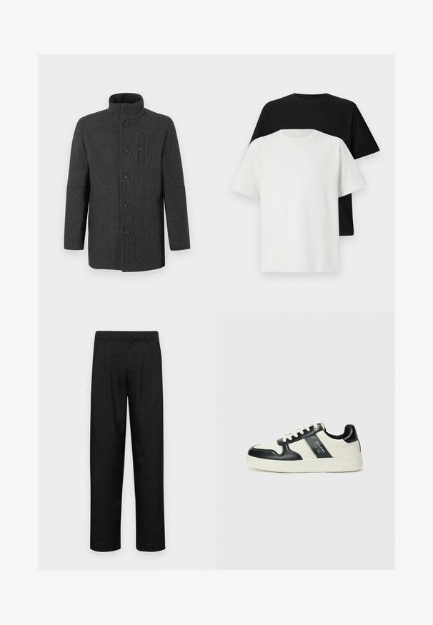 Tummas hallis kalasabapattu mustriga villane mantel kõrge krae, nööp-lukuga ja küljelt tasku detailiga. Klassikaline, kroogitud lõige.; Puuvillane t-särkide komplekt, mis sisaldab musta ja valget särk, mõlemad lühikeste varrukatega, ümmarguse kaelusega ja standardse lõikega. Tekstuuriga kangas.; Mustad mustadest riietest, millel on sirge jalgade disain, kaks eesmist voltimist ja tavaline vöökoht, millel on vöökohad.; Nahatud nahkkingad musta ja kreemi värviskeemiga, millel on perforeeritud aktsendid, pehme krae ja tekstureeritud tallad.