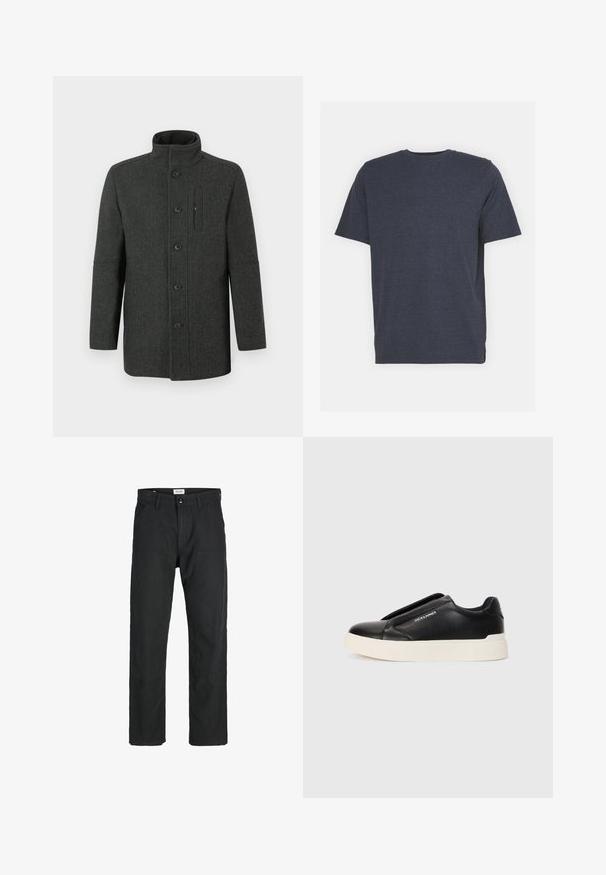 Volnen plašč z ribjo kostjo v temno sivi barvi z visokim ovratnikom, zapiranjem na gumbe in detajlom stranskega žepa. Klasičen, krojen kroj.; T-maica s kratkimi rokavi v mornarsko modri barvi z okroglo izrezom, izdelana iz mehkega bombažnega materiala. Ima redno prileganje in ni vidnih vzorcev ali okrasnih elementov.; Črne hlače iz trpežnega materiala, s krojem naravnih nog, našitki ter dvema sprednjima žepoma za funkcionalnost.; Črne slip-on športne čevlje z teksturiranim usnjenim zgornjim delom, belim gumijastim podplatom in brez vidnih vezalk. Na strani je logotip blagovne znamke.